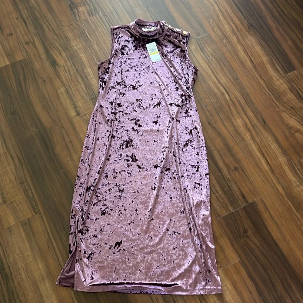New Michael Kors Purple Crushed Velvet Sleeveless High Neck Midi Dress